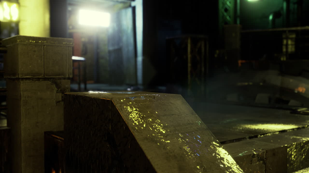 밤에는 주변 빛으로 조명된 도시 창고 내부