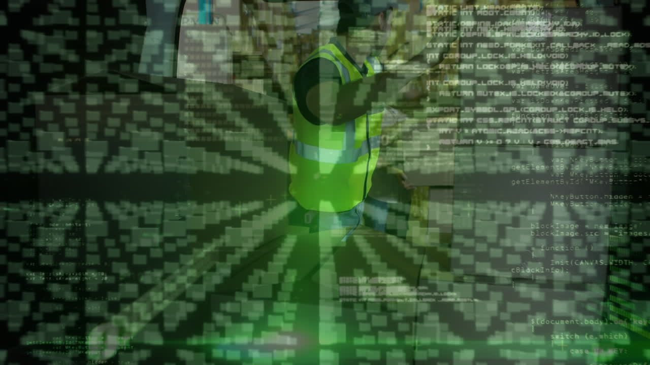 animación de la interfaz digital sobre el trabajador de almacén caucásico
