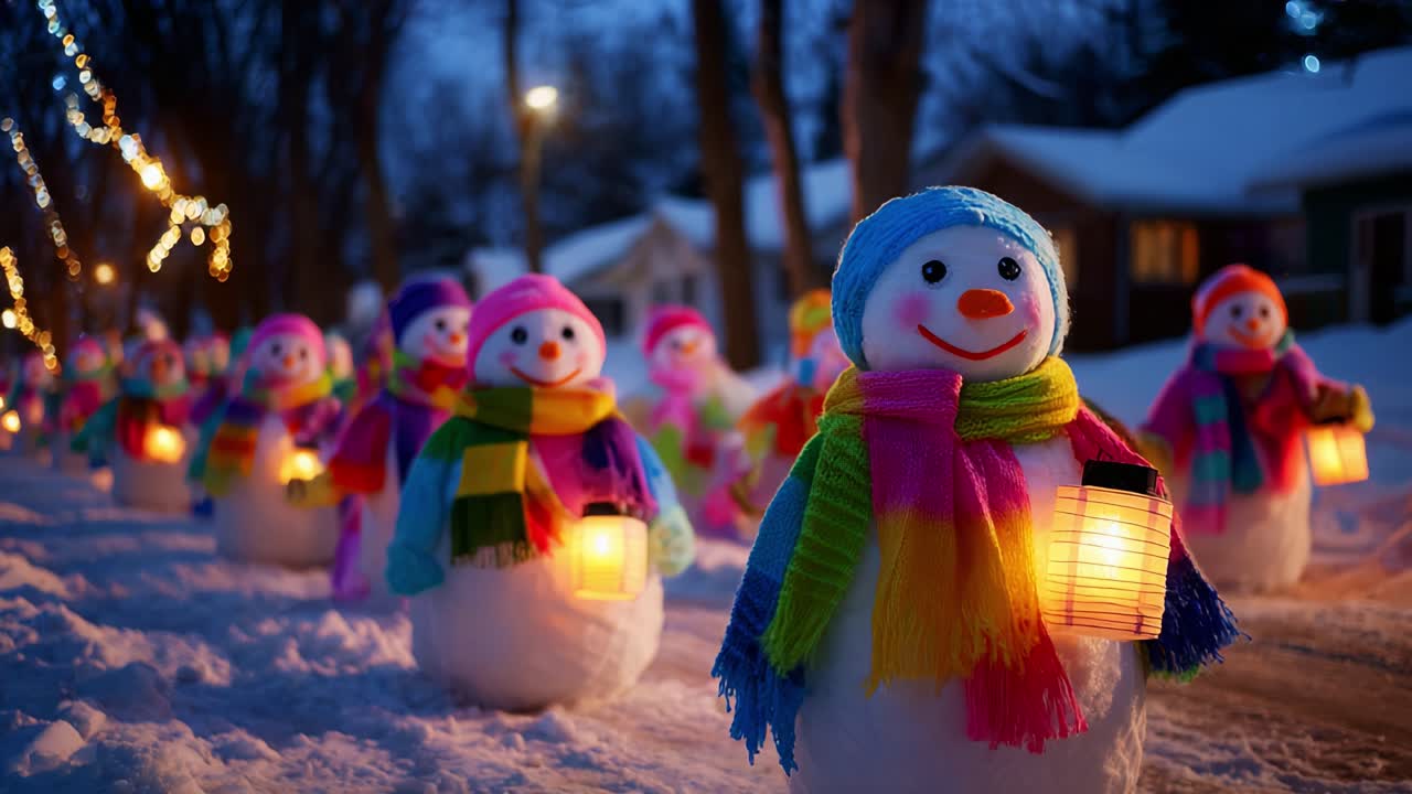 A Festive Winter Wonderland Scene with Cheerful Snowmen Illuminating the Snowy Pathway at Dusk, Their Lanterns Casting a Warm Glow Against the Cold Evening Sky, Creating a Magical Holiday Atmosphere