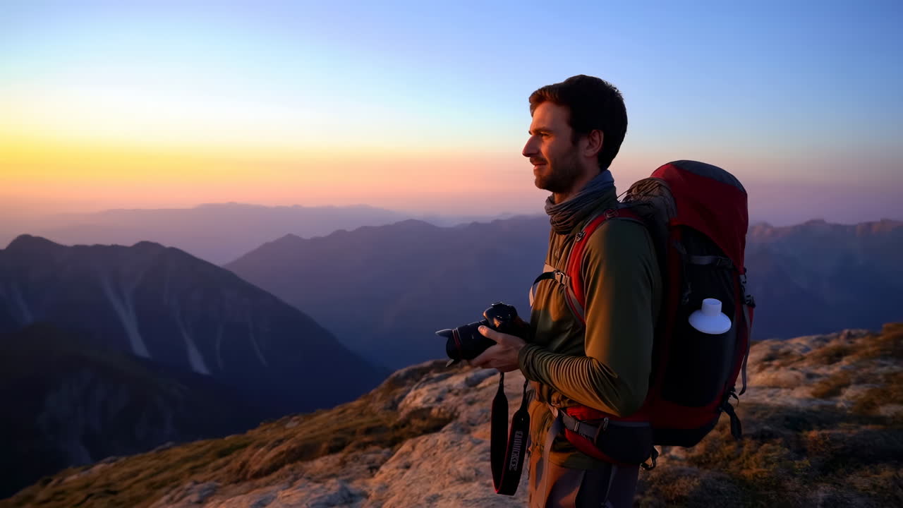 Fotografía de un hombre aventurero fotografiando un majestuoso paisaje de montaña al atardecer