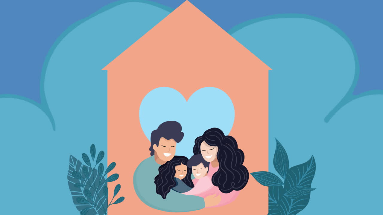 파란색 배경에 포옹하는 가족의 구성