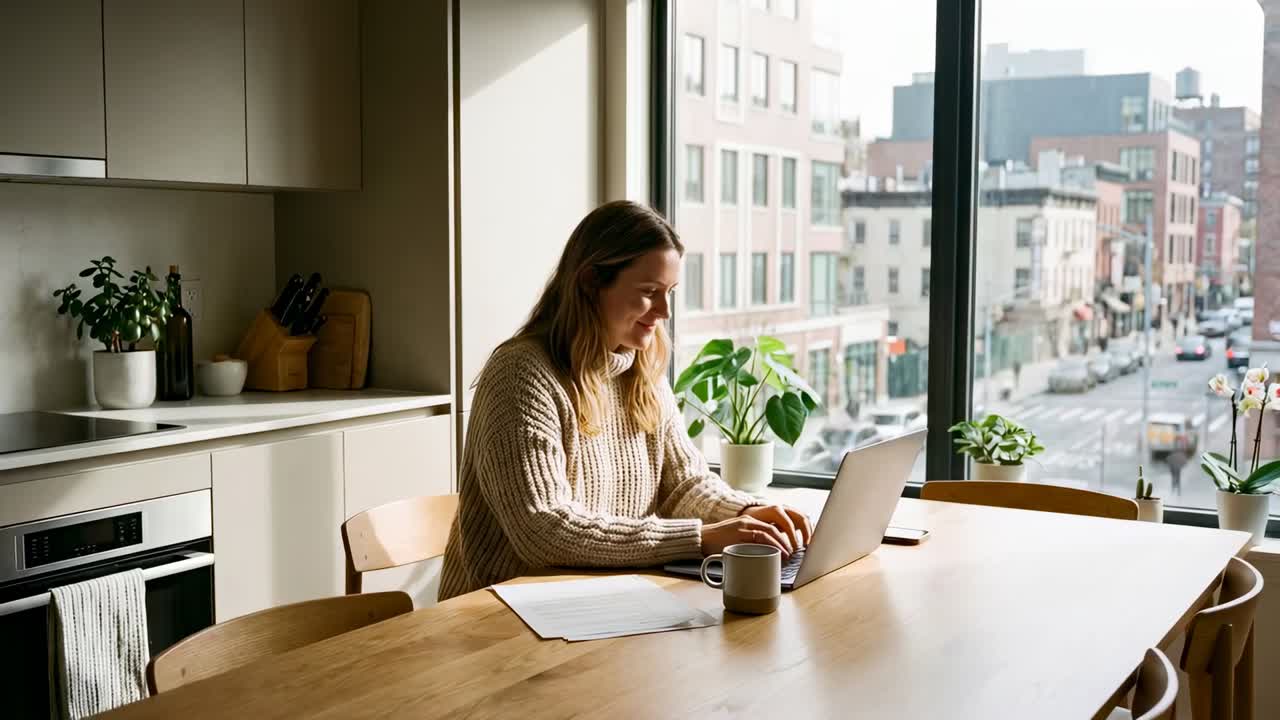 Donna che digita al portatile con indosso un maglione beige, si sporge in avanti e legge un documento in cucina