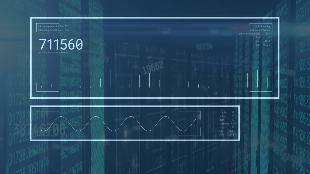 Animation of graph and soundwave in rectangle over changing numbers against abstract background