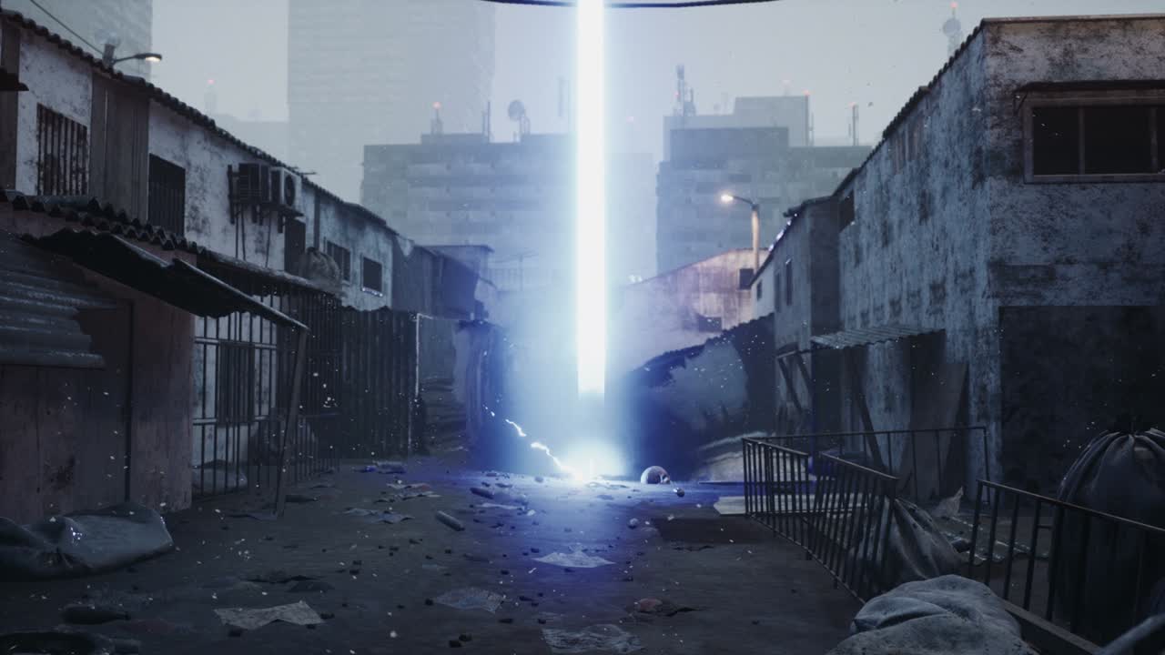 Aliens have teleported to a dead planet to investigate a dead civilisation. A desolate planet after the nuclear apocalypse. The animation is ideal for apocalyptic, sci-fi and space backgrounds.