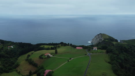 coastal landscape with houses and fields