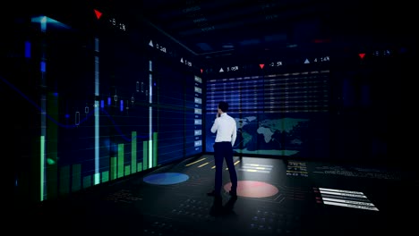 rearview of businessman looking at digital animation of glowing graph interface