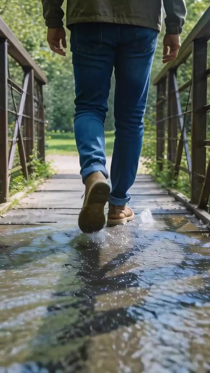 Vertical video: Stepping into puddle on bridge, man in cuffed jeans and brown boots heading to park