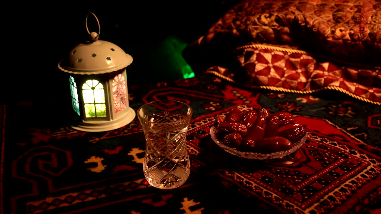 이프타르는 저녁 식사입니다. 장식의 슬라이더 뷰 라마단 카림 휴일 축제 축하 카드, 무슬림의 거룩한 달 라마단의 카림에 대한 초대. 어두운 배경. 선택적 초점