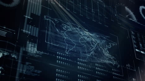 animación del procesamiento de datos digitales sobre el mapa del mundo en fondo oscuro