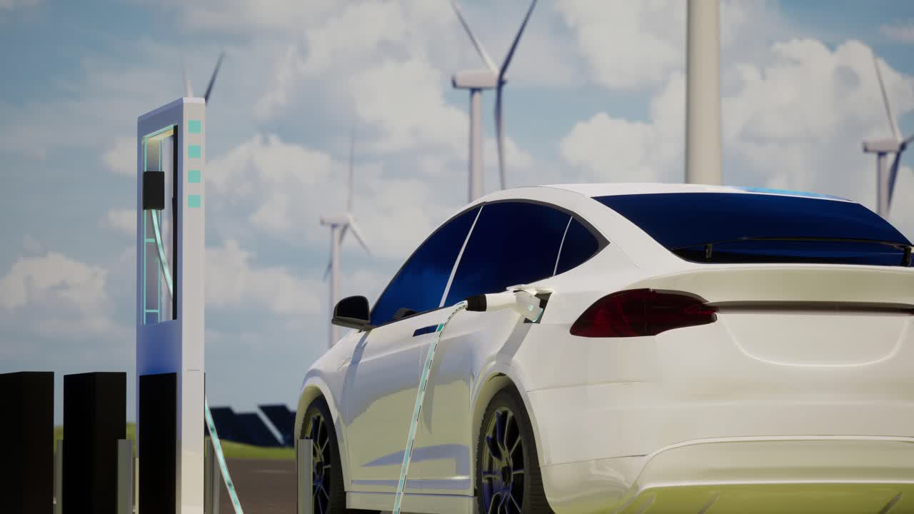 Rüzgar türbinleri arka planında şarj olan çevre dostu elektrikli araç. Şarj portu takılı elektrikli araç istasyonunun açık mavi gökyüzü fonu, gerçekçi 3D görselleştirme, alternatif enerji, uzak çekim.