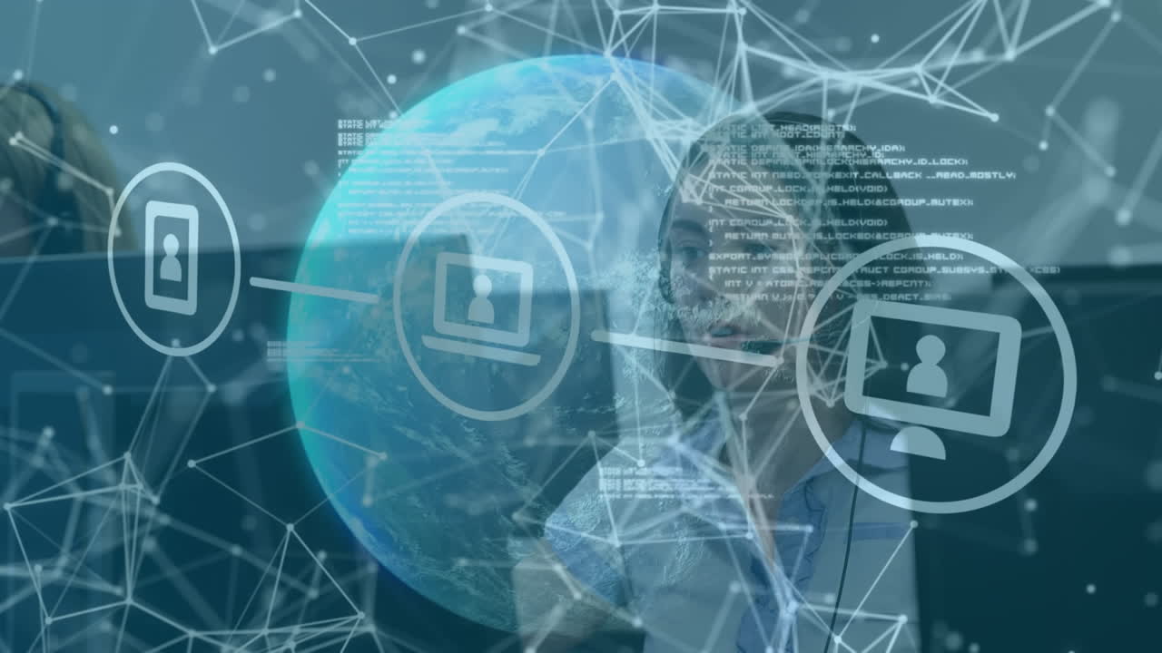 animación de la red de conexiones con iconos sobre la mujer de negocios.