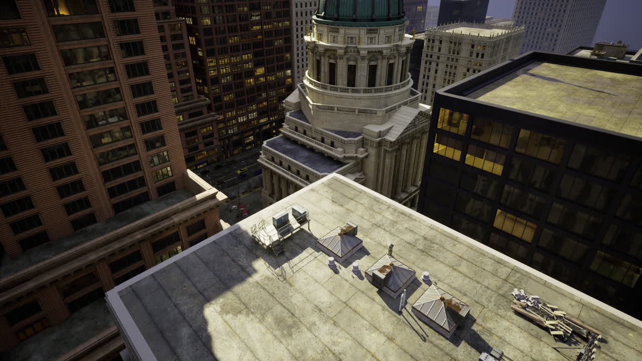 Urban skyline with rooftop details and city life captured at dusk