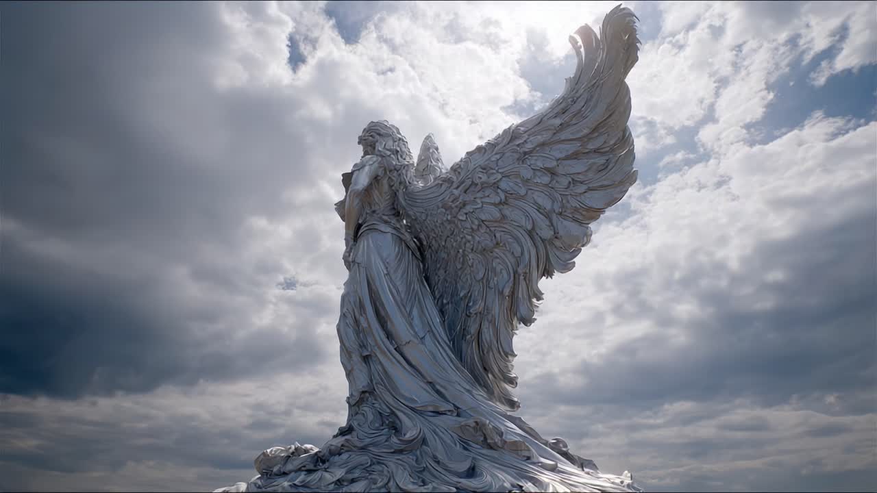 Una maestosa statua angelica con ali ampie si erge contro un cielo drammatico, mostrando dettagli intricati e una presenza eterea che affascina lo spettatore.