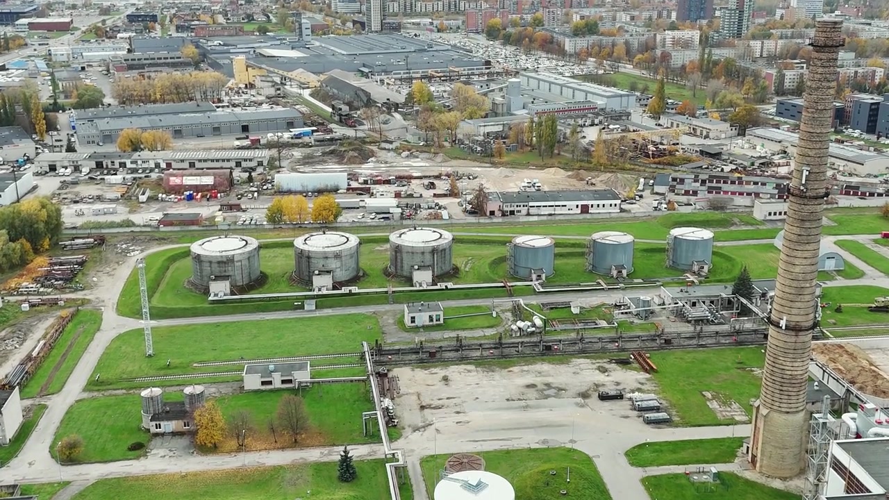 Fuel reservoirs and industrial buildings in Klaipeda, Lithuania seen from an aerial view