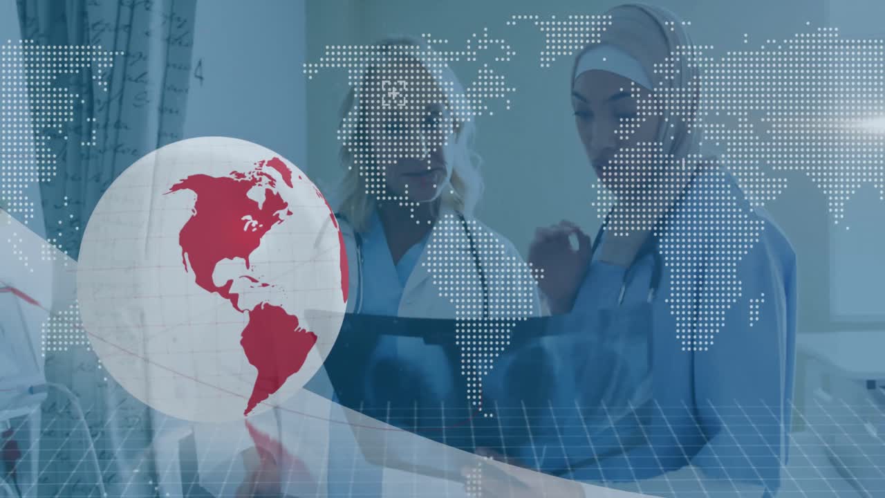 Animation of globe and world map over diverse doctors at hospital