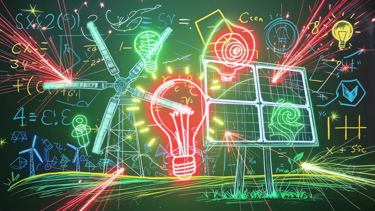 Converging red laser beams energizing neon wind turbine, solar panel and bulb sketch on chalkboard