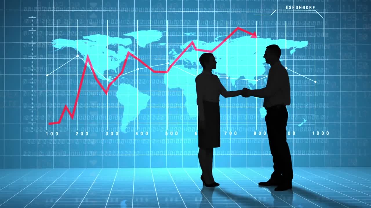 Uomini d'affari che si stringono la mano davanti a un'interfaccia di business globale