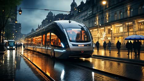 modern tram illuminated at night on a rainy street in a bustling city