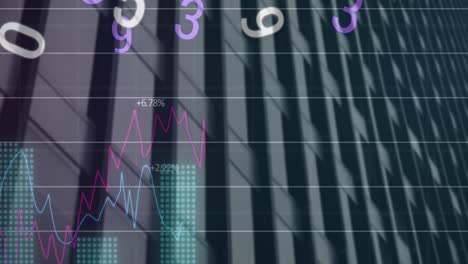 Animation-of-statistical-data-processing-and-changing-numbers-against-tall-building