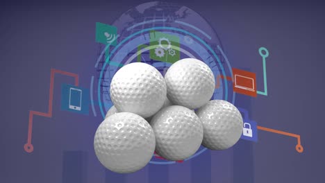 Animación-De-Pelotas-De-Golf-Sobre-Escaneo-De-Alcance-Con-íconos-Y-Globo-Terráqueo