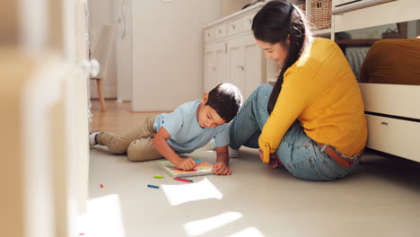 Learning,-drawing-and-mother-with-child-on-floor