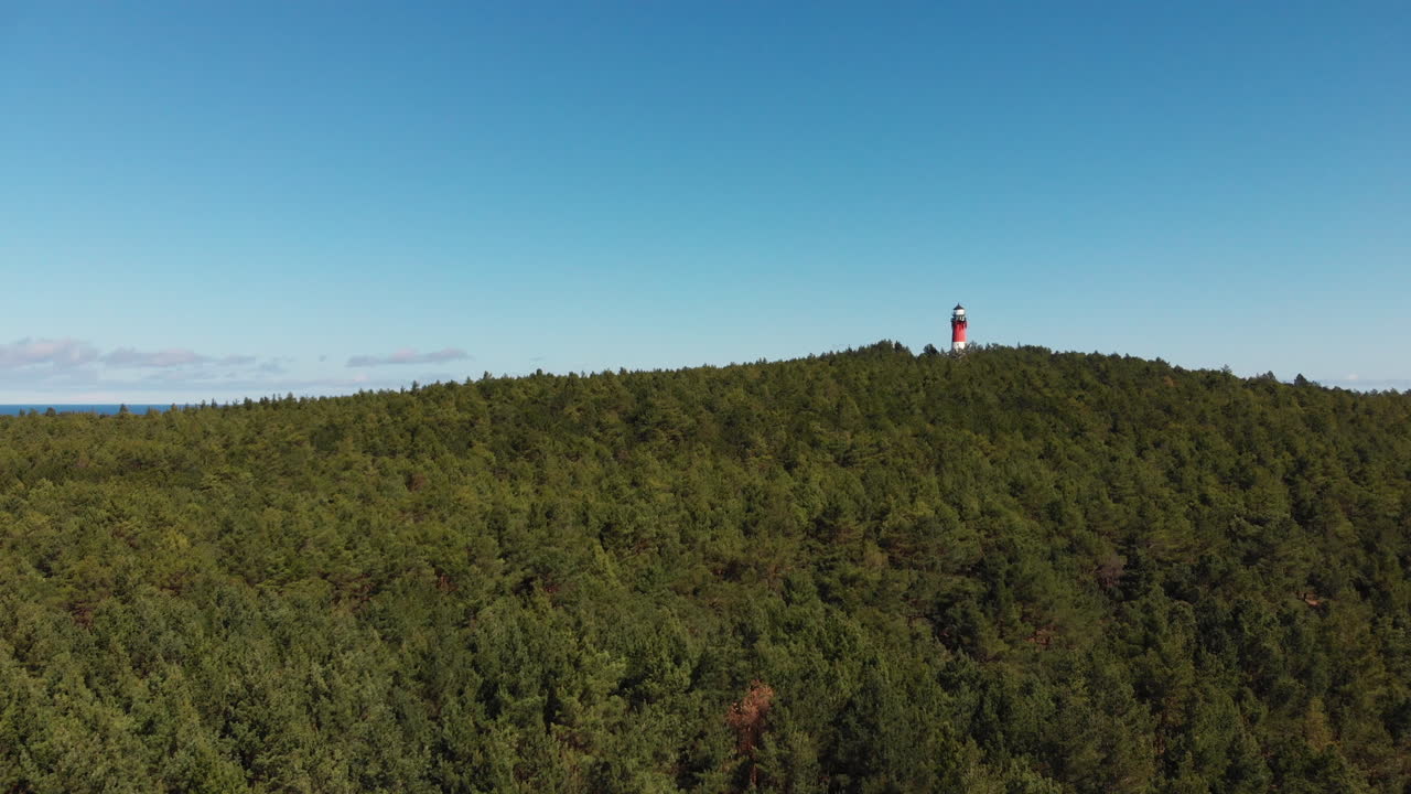 Red and white lighthouse in the forest