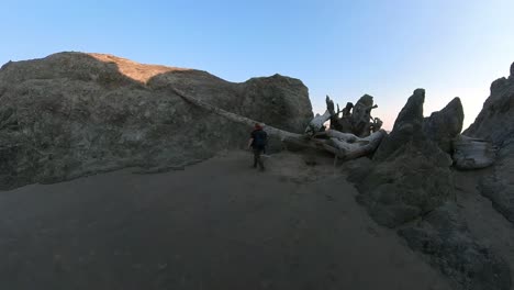un hombre pelirrojo camina a través de troncos de madera a la deriva