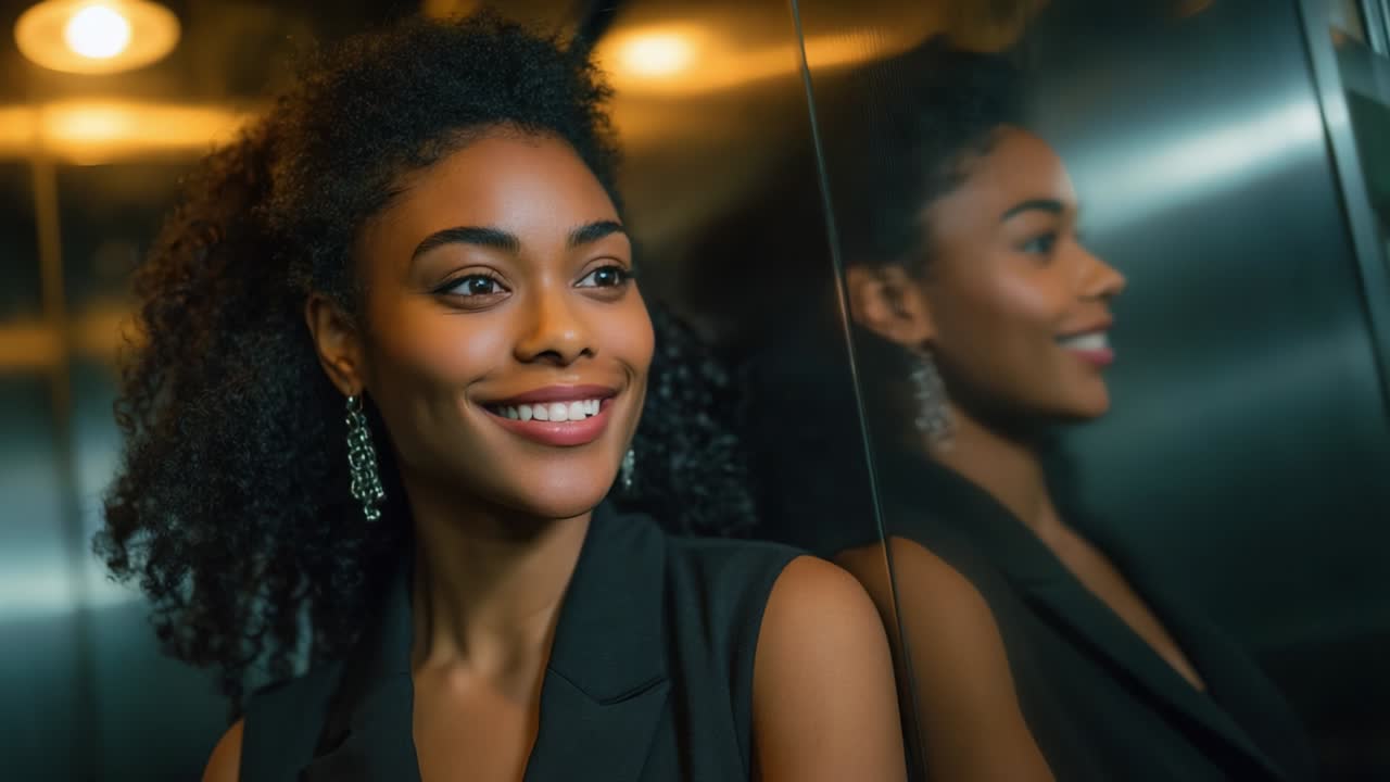 A young woman with curly hair smiles warmly in a stylish elevator, reflecting confidence and grace as she stands poised near a mirror, radiating a charming and vibrant energy in an urban setting