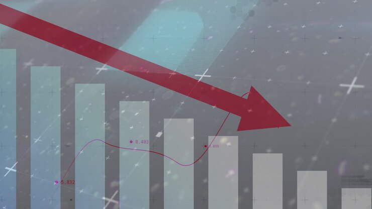 Animation of red arrow pointing down, statistics recording over flickering background