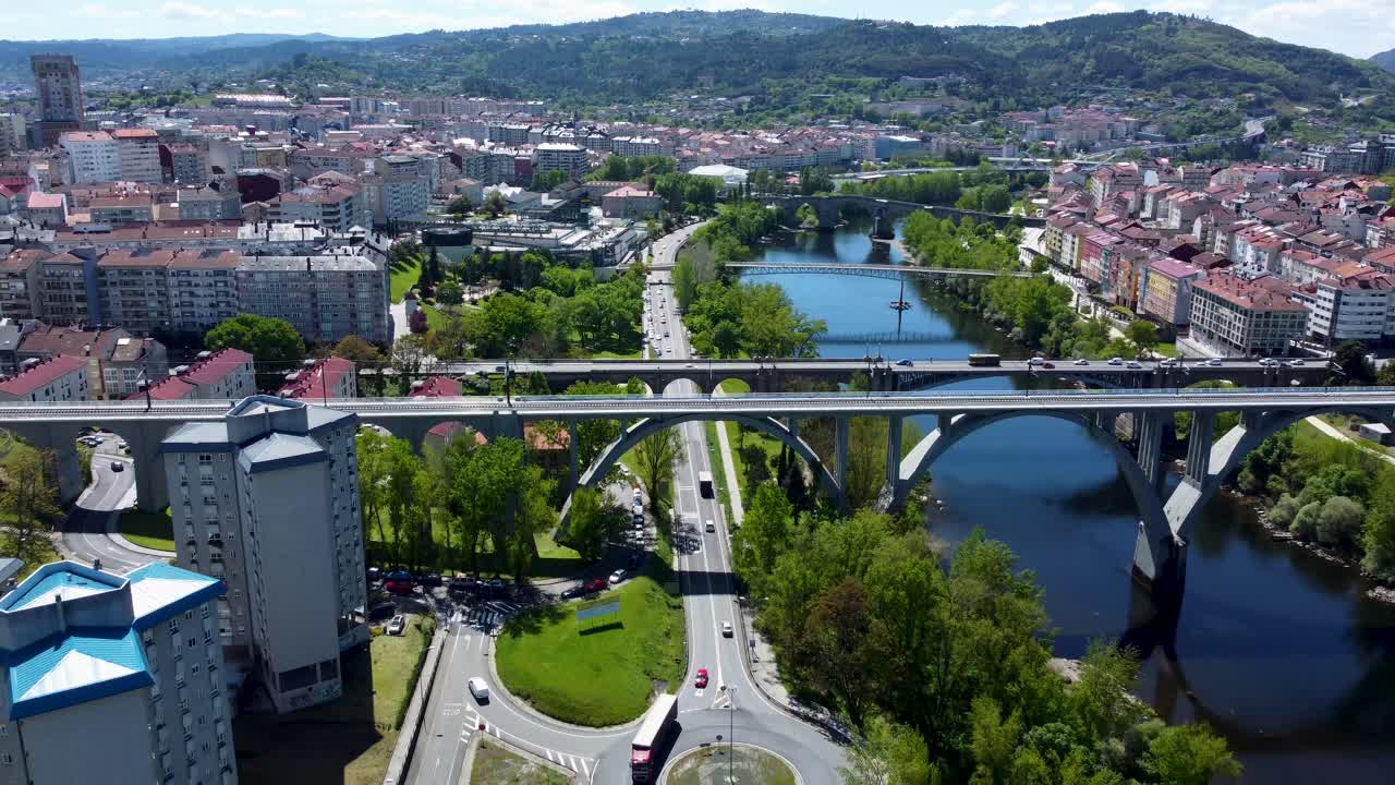 Aerial view of Mi&ntilde;o river as it passes through Ourense, Spain