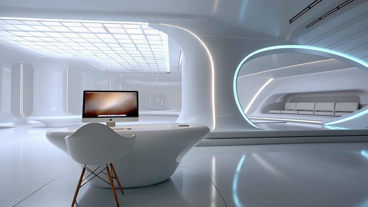 Minimalistisk hvidt rum med buet arkitektur. Glødende loft og blød omgivende belysning. Moderne skrivebord med skærm og en enkelt stol. Rummet føles fredfyldt og fri for rod