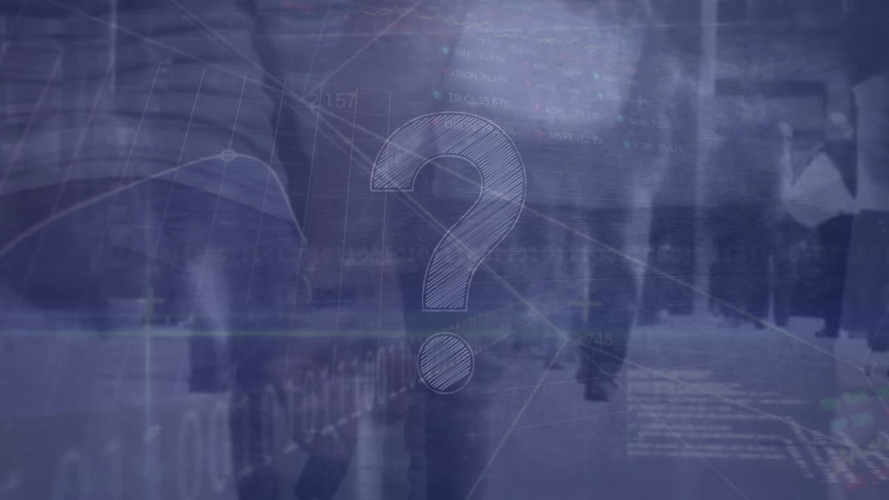 animación de signos de interrogación y procesamiento de datos sobre diversas personas