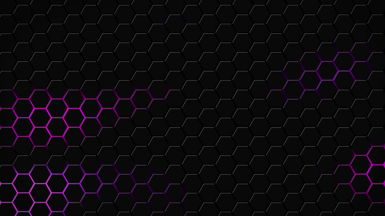 geometría hexagonal oscura azulejos brillantes animación 3d luminancia de neón led formas de luz cibernética tecnología de patrón de fondo color rosa oscuro púrpura