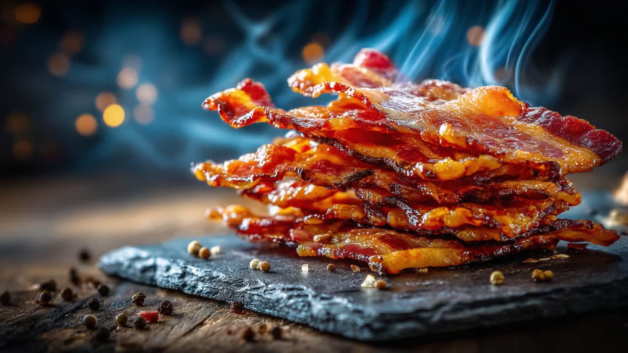 Deliciously Crispy Bacon Stacked on Slate with Smoky Aroma, Capturing the Irresistible Appeal and Texture of Perfectly Cooked Slices in Beautiful Lighting