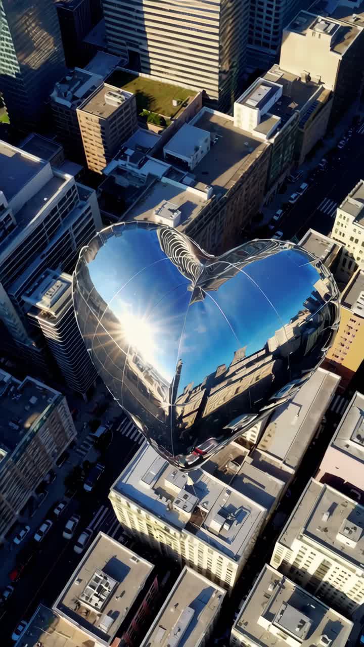 Aerial video of a futuristic, reflective balloon hovering over a cityscape, showcasing modern