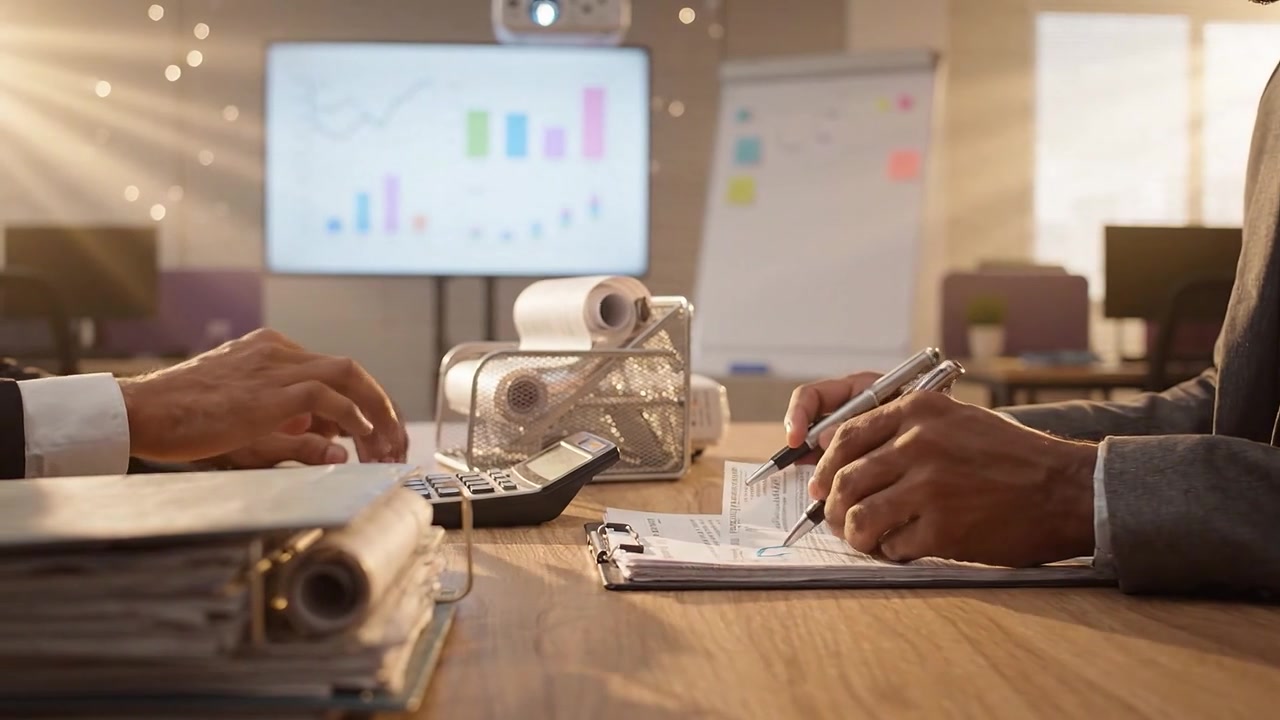 Engaging Business Meeting in Modern Office Setting with Data Presentation, Collaboration Over Reports and Calculations by Professionals in Suits