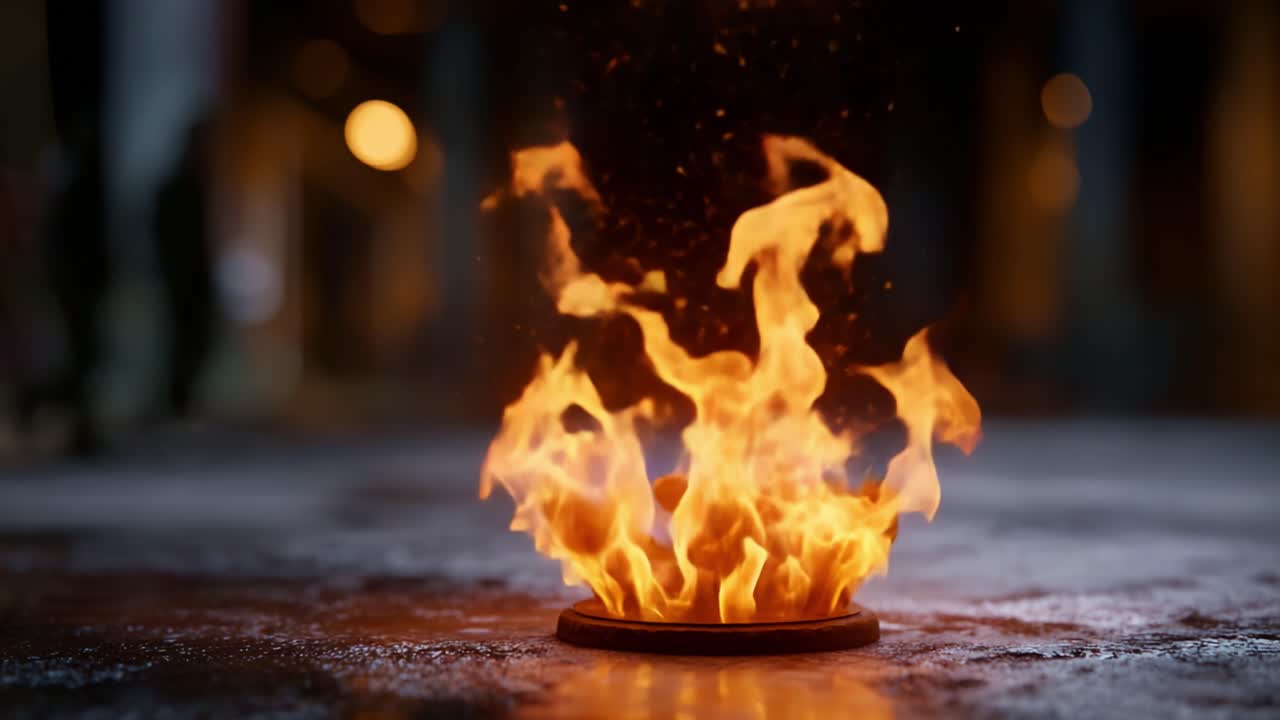 Captivating Flames Erupting from a Circular Base, Showcasing Vibrant Fire with Glowing Sparks, Set against a Dimly Lit Background in a Stunning Visual Display