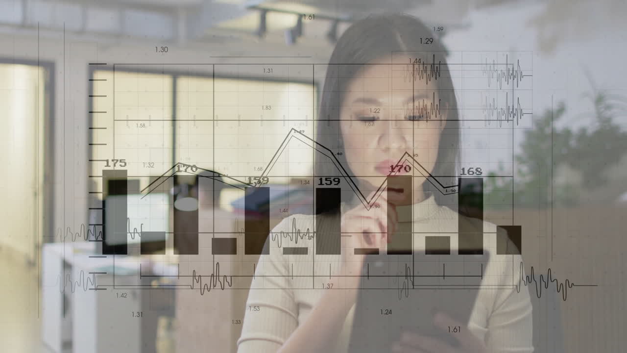 Analyzing financial graphs, businesswoman processing data in modern office animation