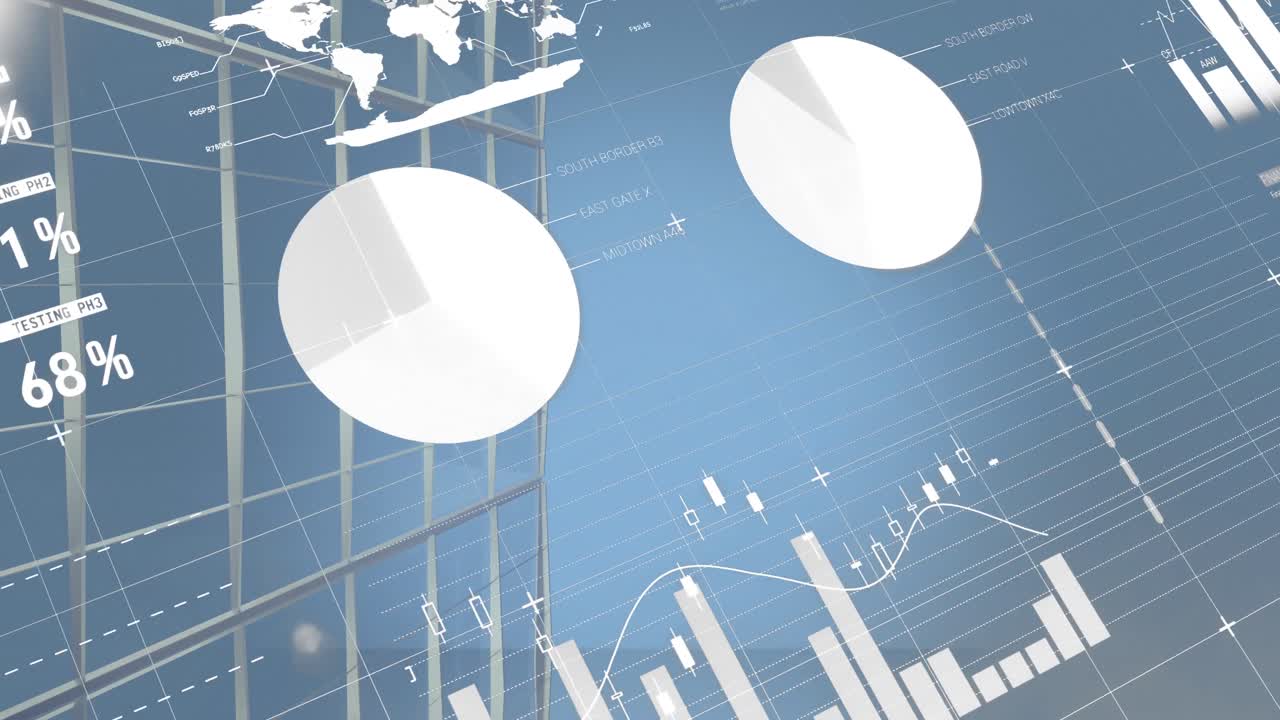 Animation of statistics with data processing over cityscape