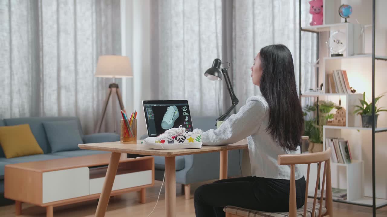 여성이 노트북에서 맞춤형 스니커를 디자인하고 있습니다.