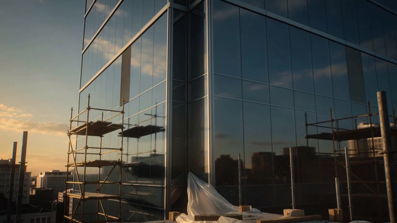 Telecamera che panoramica mostrando una lastra del tetto con la brezza che solleva la plastica, e un'impalcatura vicino al vetro che riflette lo skyline.