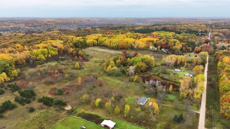 high up aerial view of the various hues of changing leaves