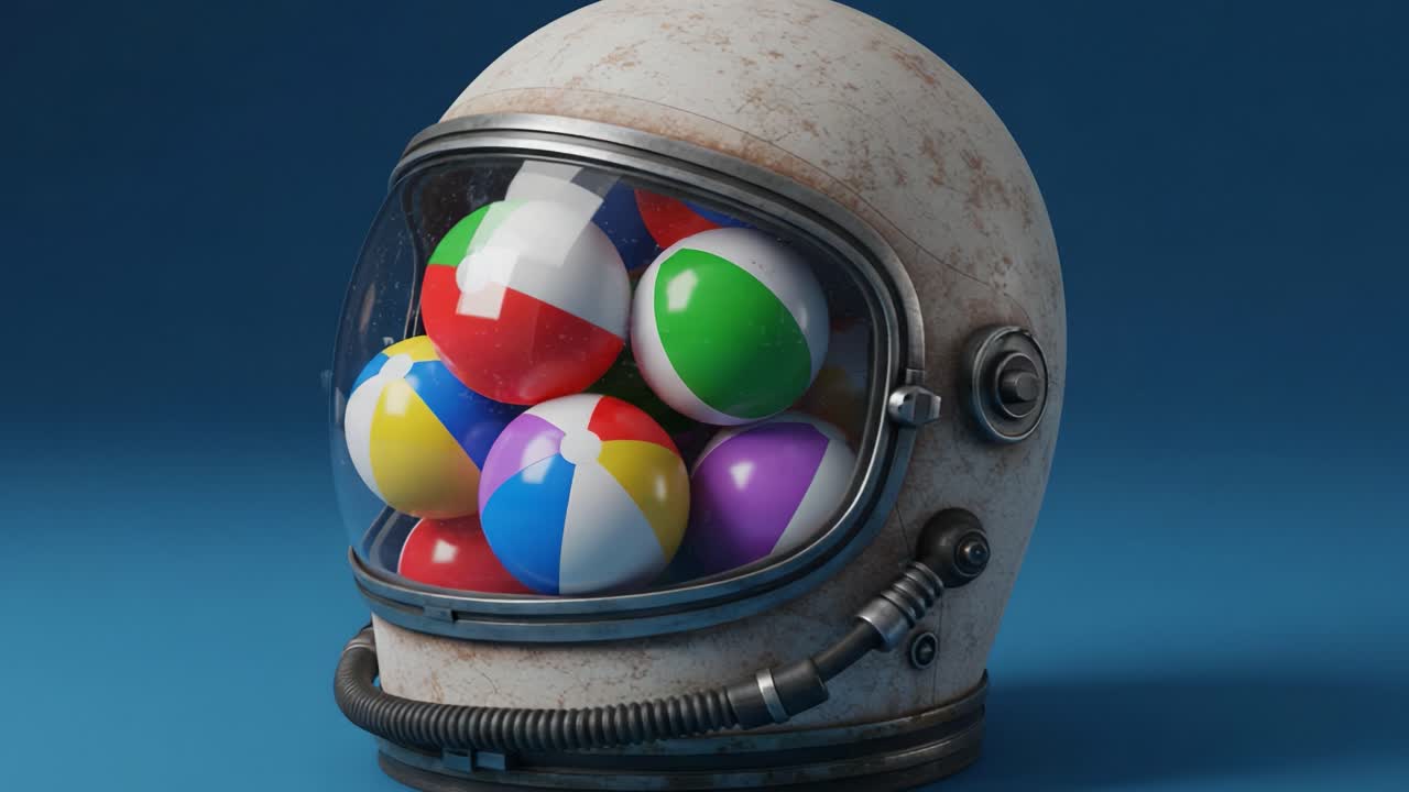 A whimsical fusion of space exploration and playfulness, this vintage astronaut helmet is filled with colorful beach balls, highlighting a creative juxtaposition of adventure and leisure