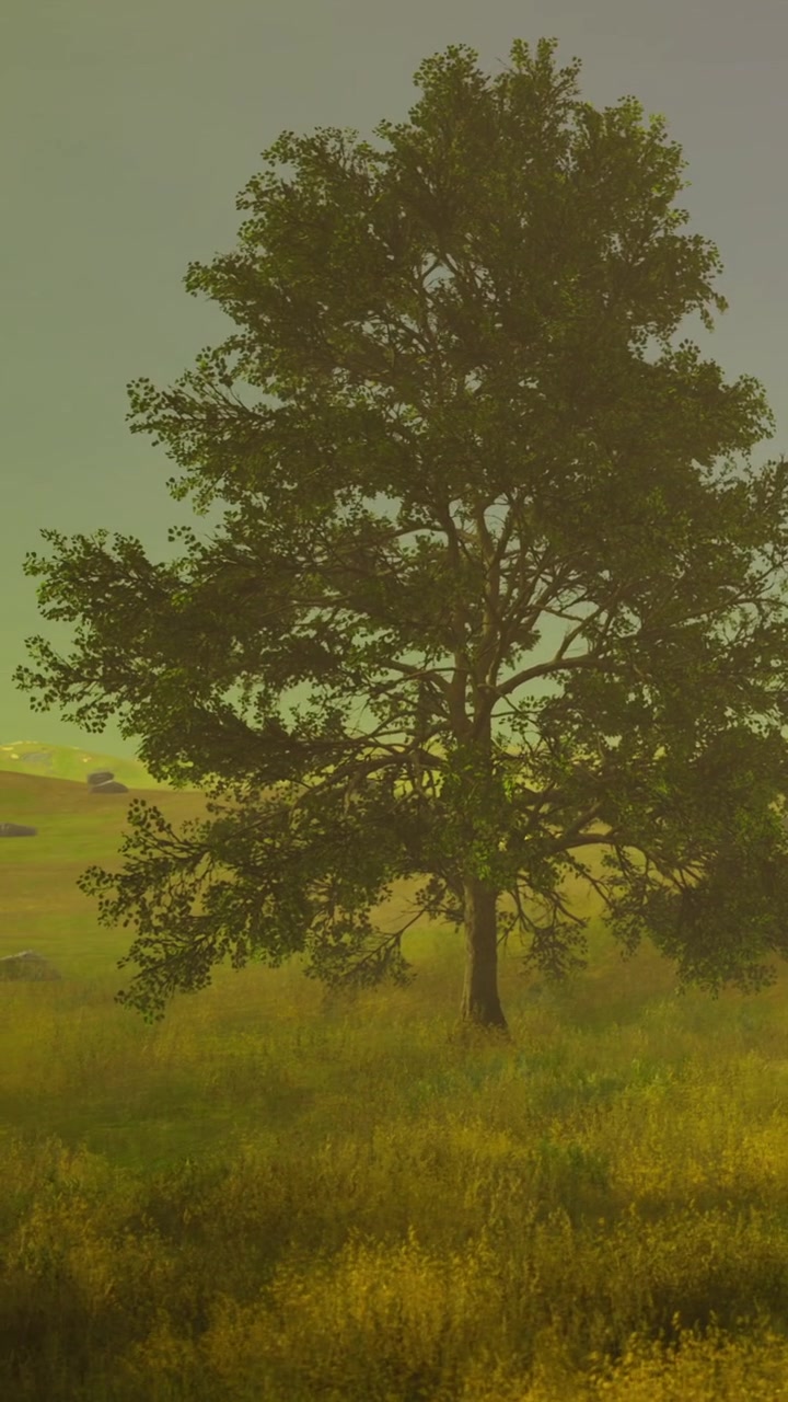 Large tree stands alone in green field under clear sky