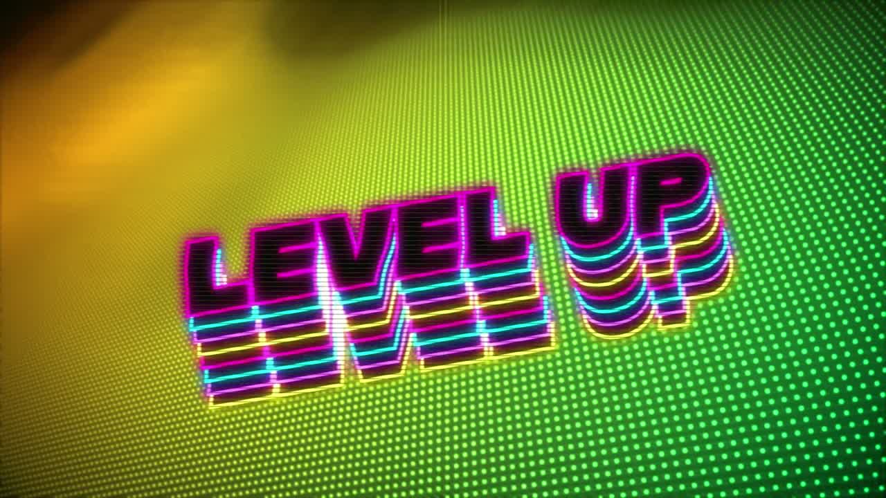 Animation of level up text over yellow and green background