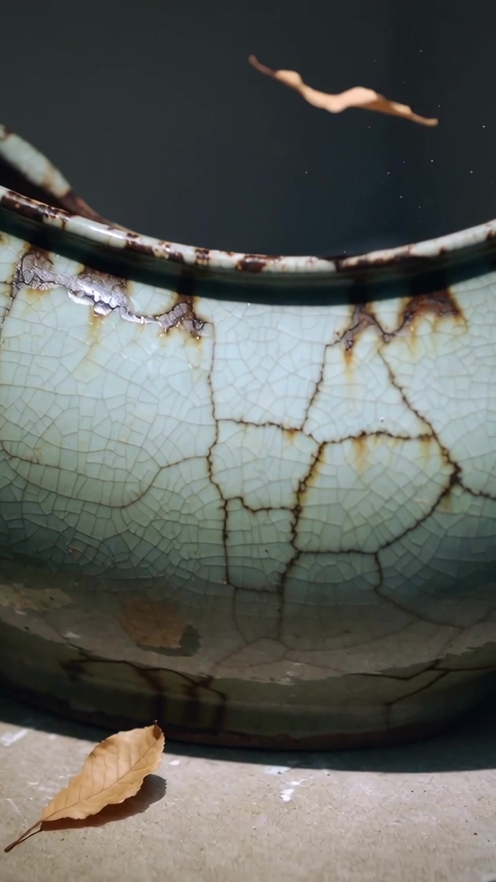 Video verticale: Foglia che si stacca mentre la brezza la solleva da un vaso crepato sul cemento, ombra del bordo arrugginito.