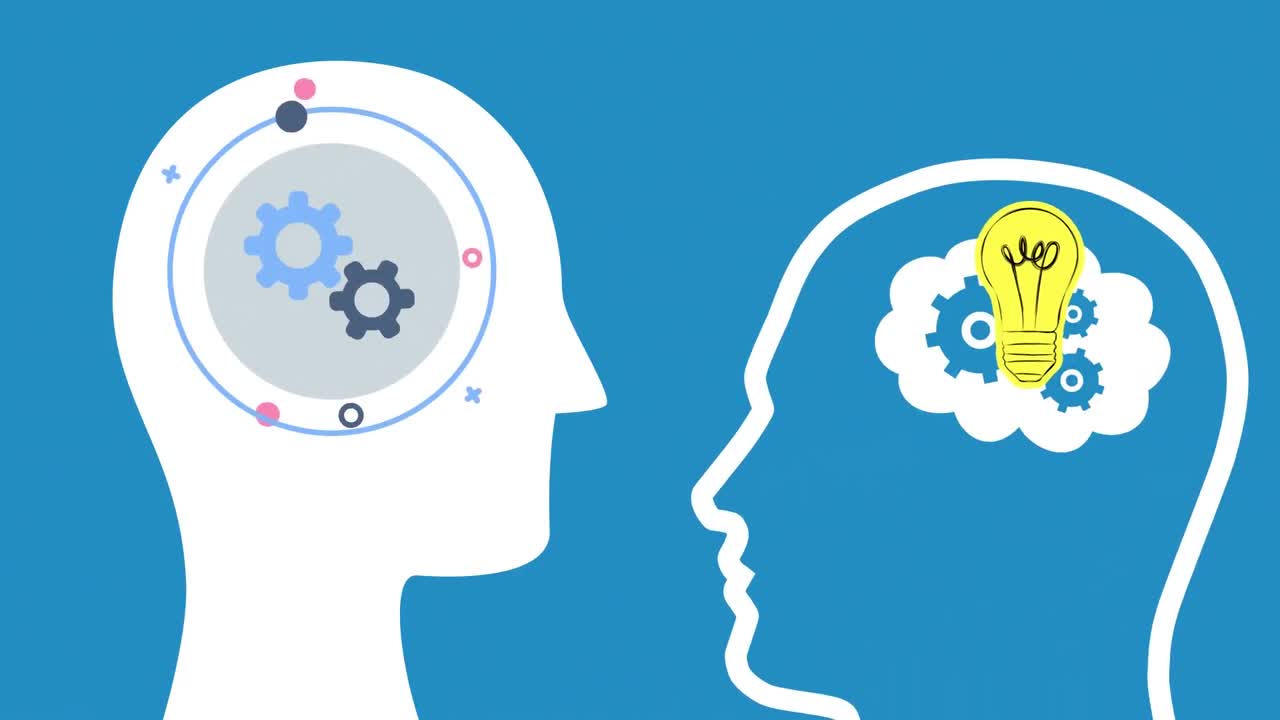 파란색 배경 에 있는 인간 의 머리 위 에 있는 전구 아이콘 의 애니메이션