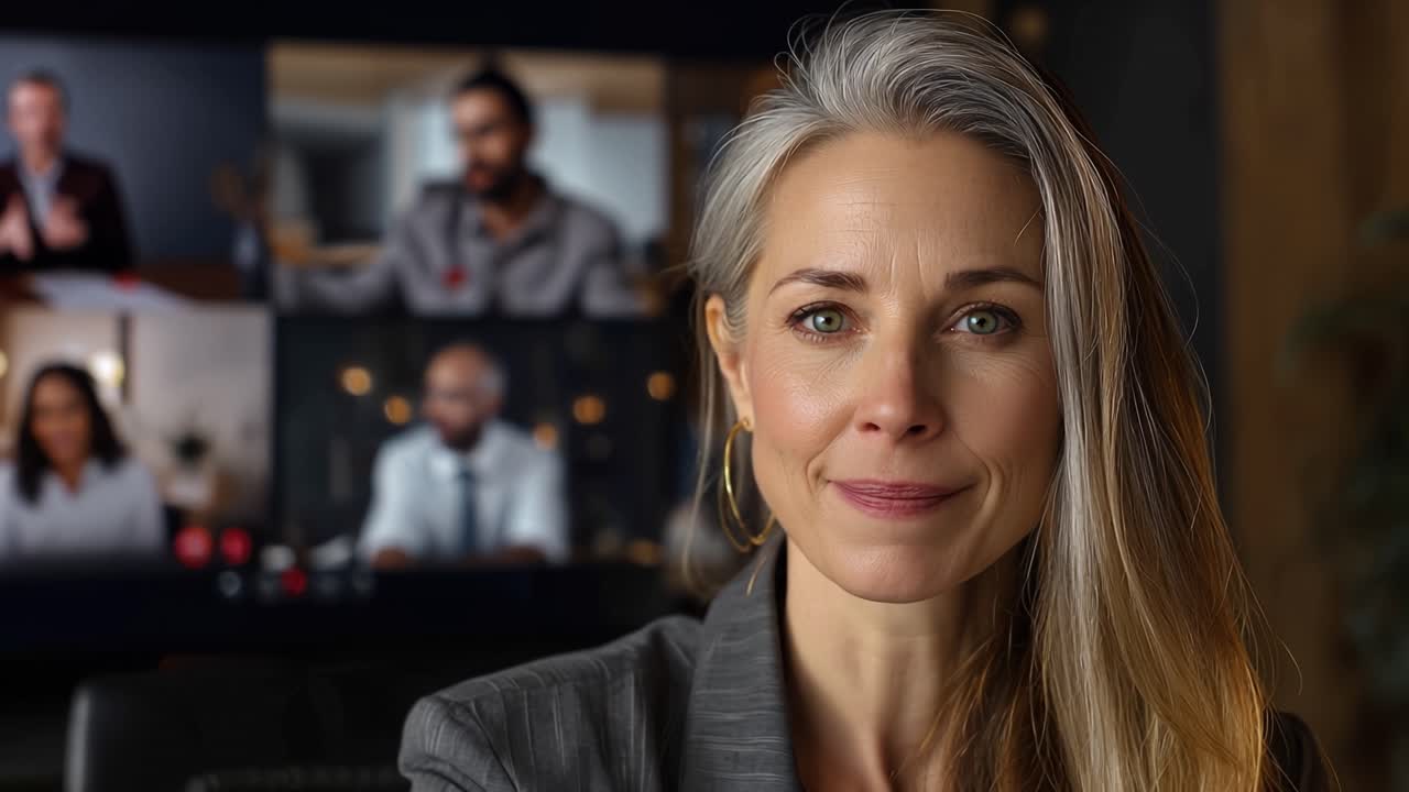 Professional woman leads virtual meeting with team. She smiles warmly, eyes closed briefly in calm. Background shows multiple participants engaged. Ideal for corporate, business
