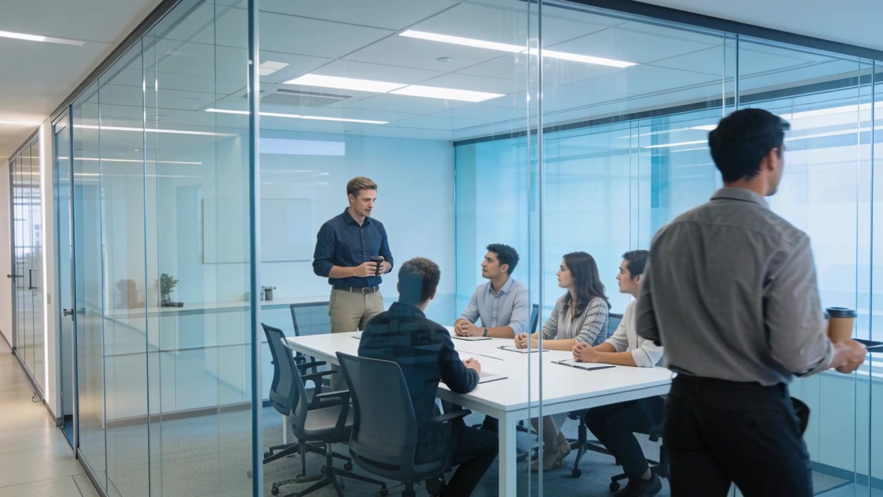 Presenting team in business clothes discussing while server passing hall with tray of 4 coffee cups
