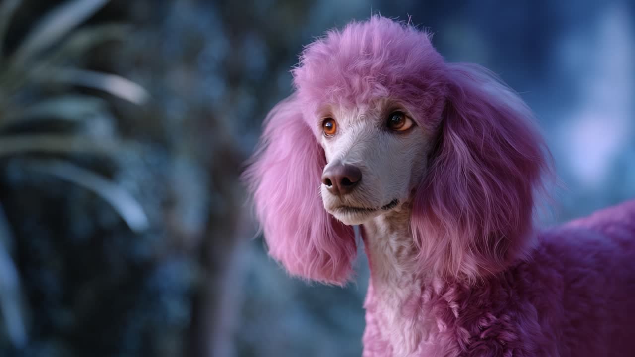 Sevimli pembe bir kaniş, canlı rengini ve kişiliğini dingin bir dış mekânda sergileyen kabarık kürküyle bu keyifli köpeğin benzersiz cazibesini yakalıyor